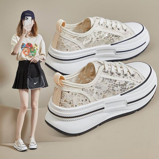 flowersverseSummer Mesh Canvas Shoes for Women  New Versatile Breathable Thick Sole Height Increasing Ins Korean Style Casual Sneakers for Students