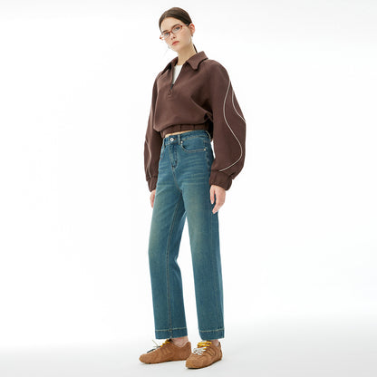 2025 popular autumn and winter new models, four-sided elastic high-waisted nine-point pants, women's clothing slim-fit baguette versatile Lycra high-end jeans