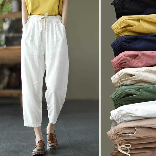 flowersverse Artistic Thin Linen Harem Pants Cropped Tappered Pants Women's  Fashion New plus Size Loose Casual Pants Fashion