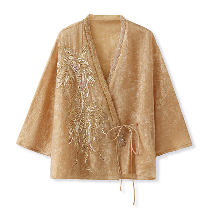 new national style new Chinese high-end design embroidered beads light luxury gold silk loose top women's M5061