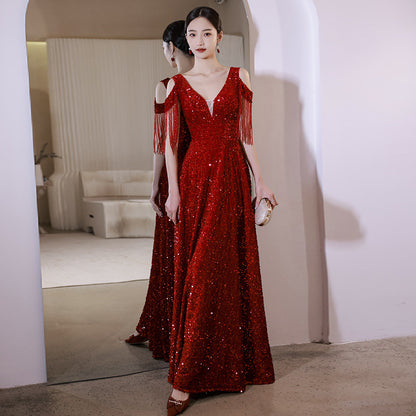 Burgundy Bridal Toast Women's 2025 New Spring Wedding Engagement Sequins Dignified Atmospheric Evening Dress Dress Large Size
