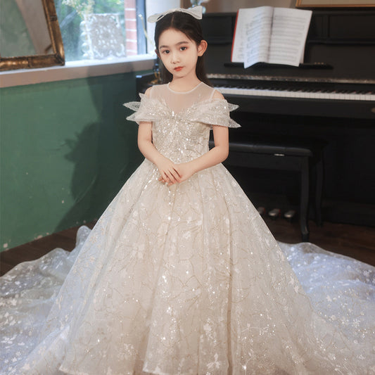 flowersverse Girl's Dress  New Children's Western Style Catwalk Tail Princess Dress Host Little Girl Tulle Tutu Summer