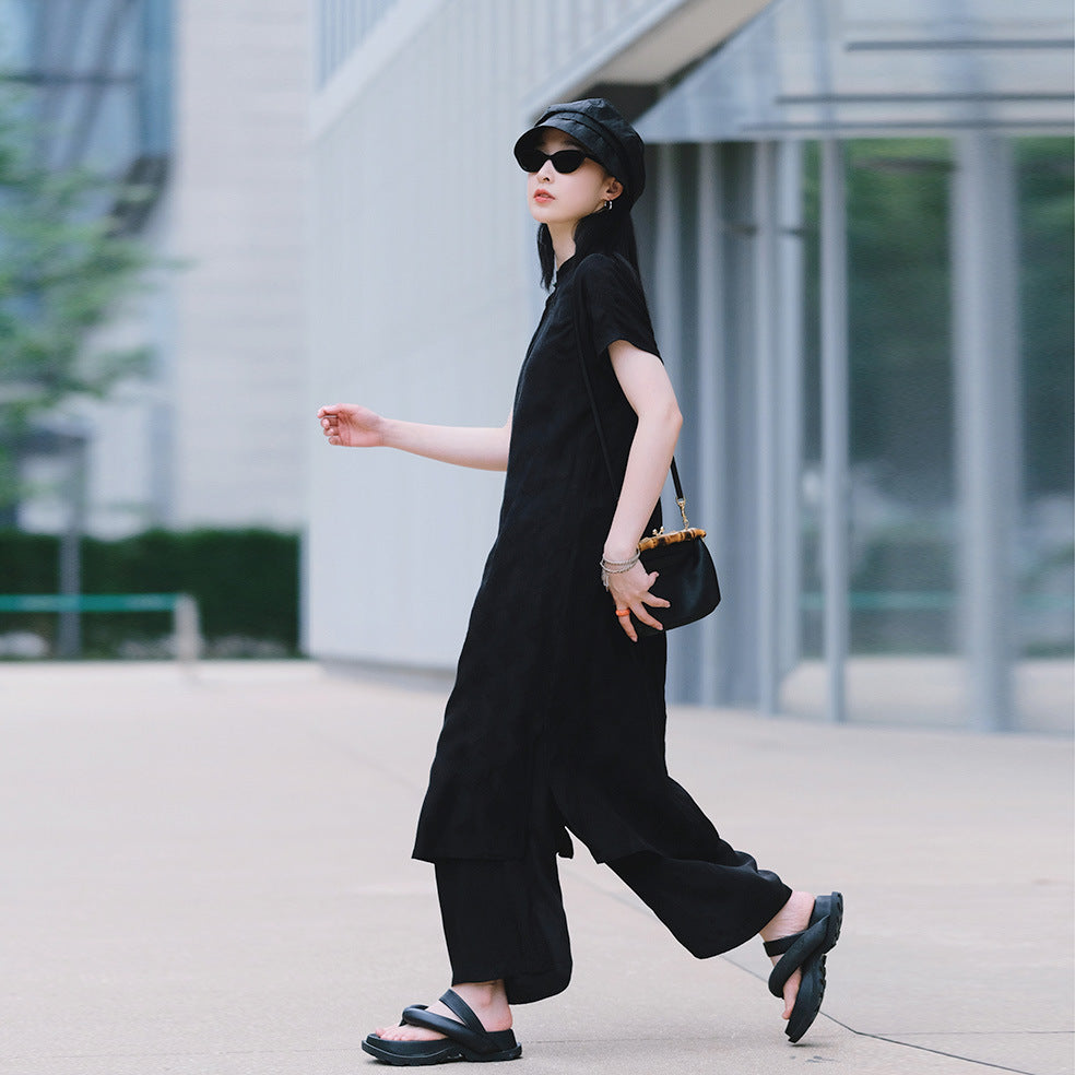 New Chinese dress women's spring and summer, Tencel hemp improved cheongsam dress, retro temperament split two colors B0451