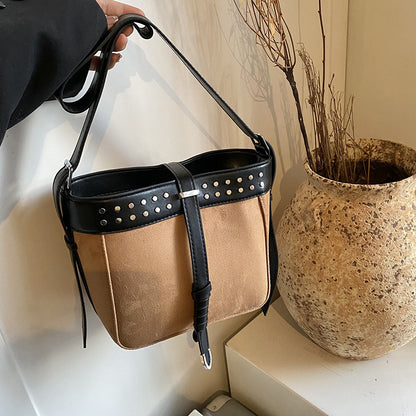 FLOWERSVERSE 2025 Cross-border bag women's new matte leather fleece bucket bag punk style rivet decoration women's shoulder bag messenger bag