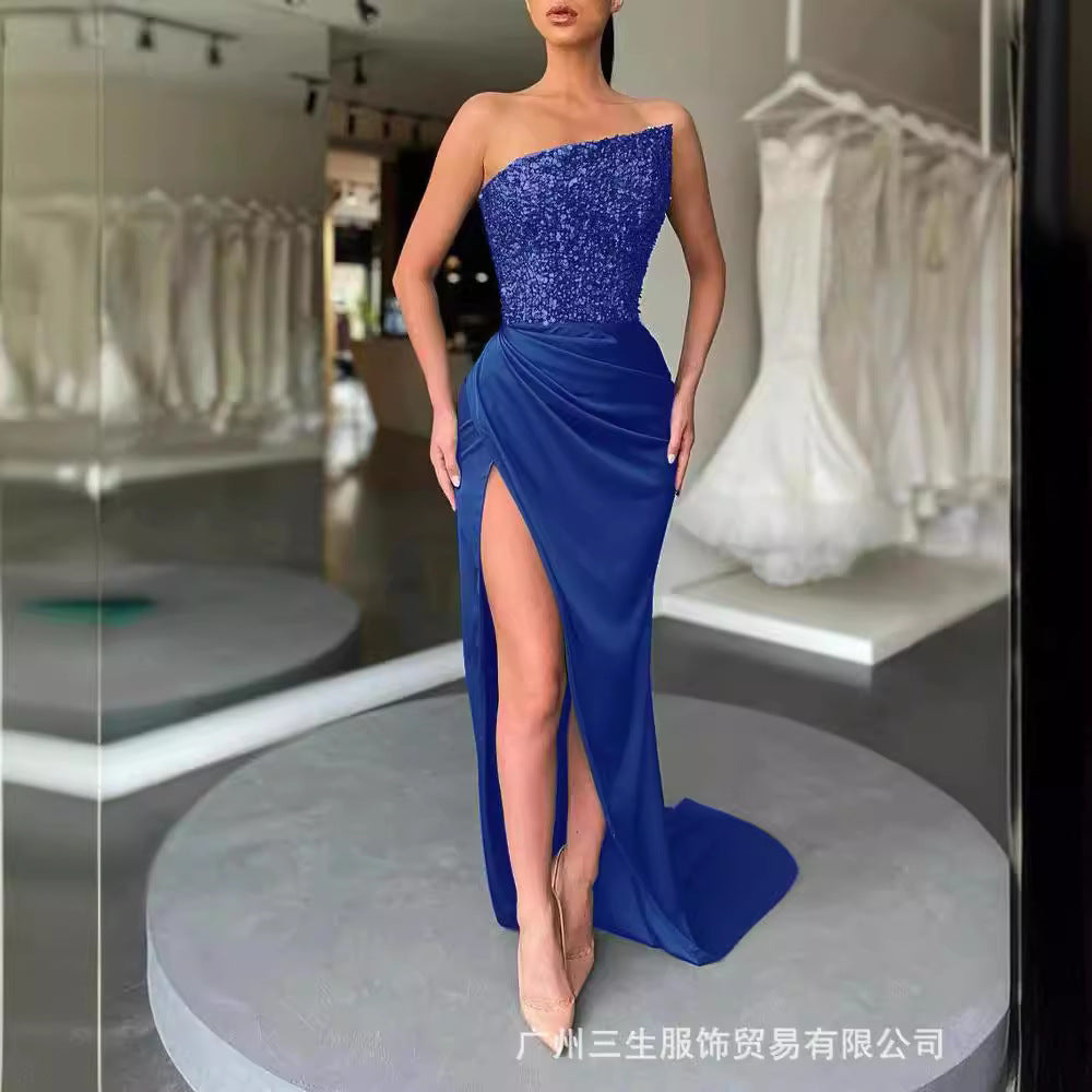 FLOWERSVERSE popular New Popular trade new green sequined fairy long sleeveless fashion body temperament medium and long evening dress