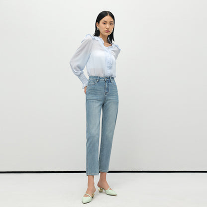 2025 Summer new high-waisted four-sided universal elastic simple thin and high jeans women's nine-point pants straight jeans