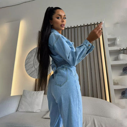 Autumn jumpsuits women's high-end drape solid color jumpsuit jeans, suit collar waist fashion Spice girl feeling