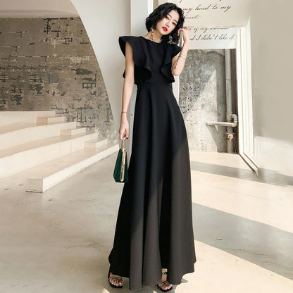 2025 banquet evening dress can be worn in spring, banquet temperament black satin performance chorus dress