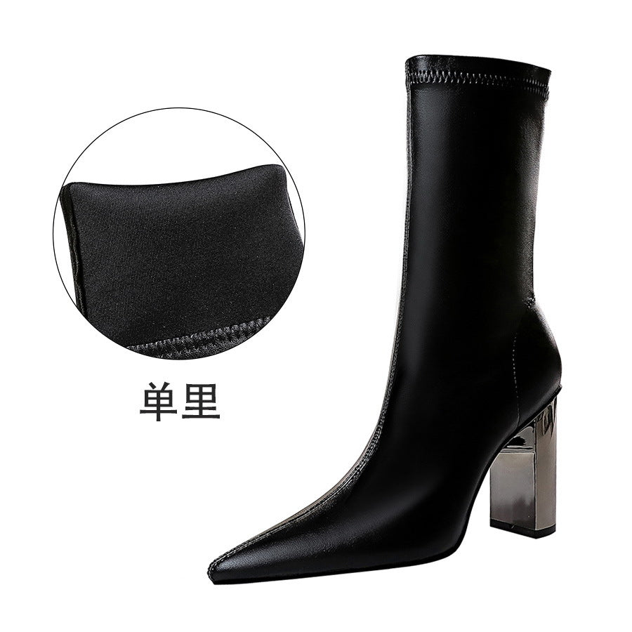 FLOWERSVERSE 2025 3228-12  style fashion thin boots metal thick heel high heel pointed sexy nightclub thin winter short boots