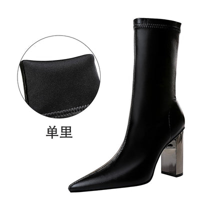 FLOWERSVERSE 2025 3228-12  style fashion thin boots metal thick heel high heel pointed sexy nightclub thin winter short boots