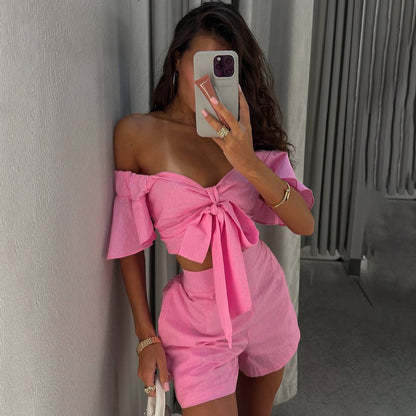 Popularan beautiful women's fashion v-neck waist flying sleeves bow top high waist shorts set niche fresh casual