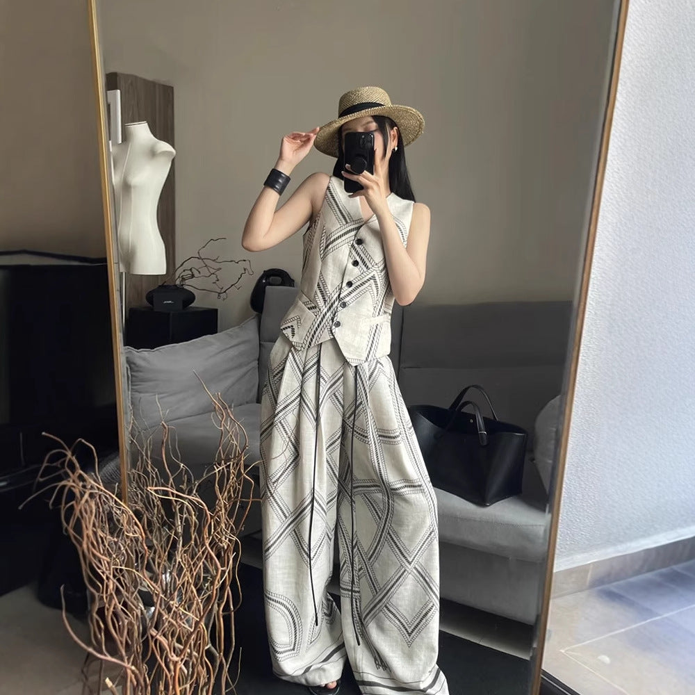 Siyuan old money wind summer vacation leisure relaxation comfortable Tencel linen vest vest women's wide-leg pants set