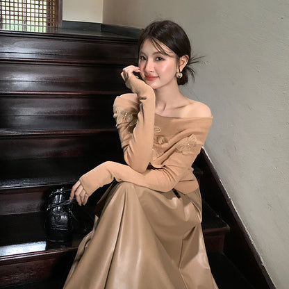 2025 popular autumn new temperament one-word collar versatile bottoming shirt long-sleeved knitted sweater women's top 25020