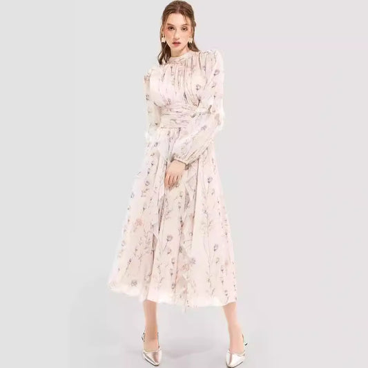 FLOWERSVERSE 2025 cross-border new autumn and winter fashion chiffon printed lotus leaf edge temperament long-sleeved evening dress dress