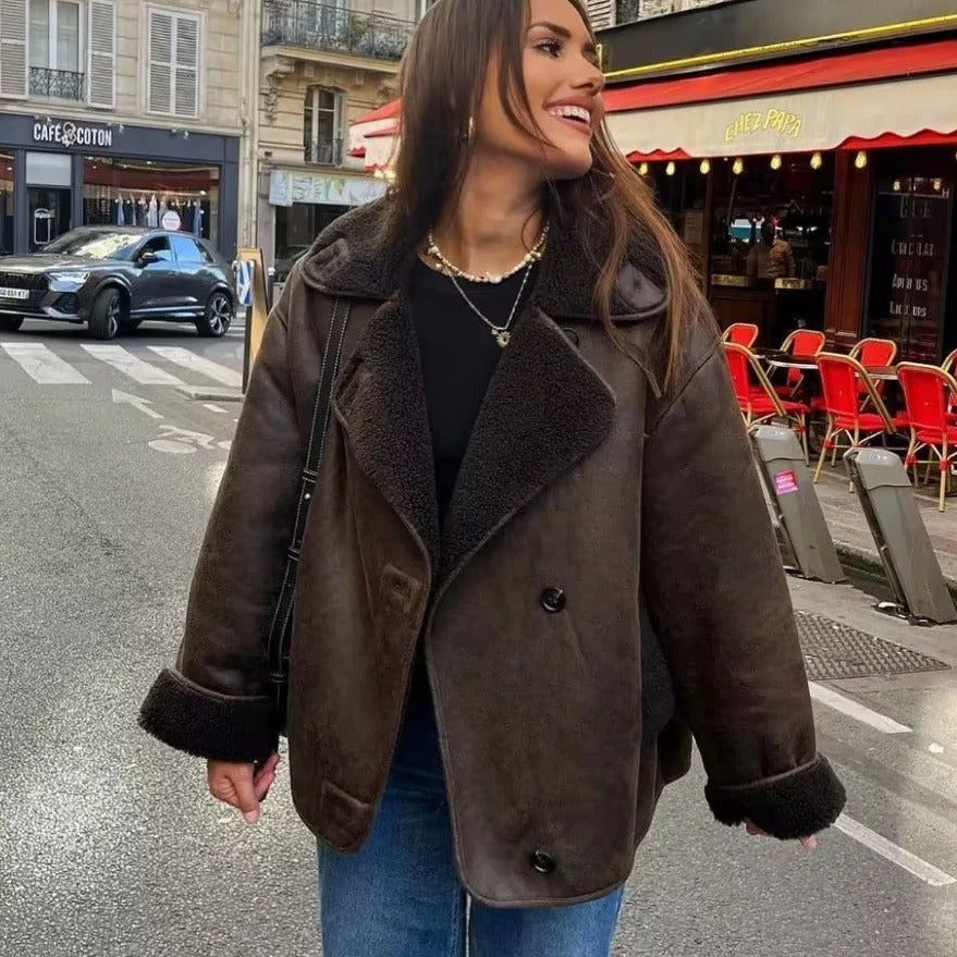 autumn and winter new American fur integrated jacket jacket women's large version loose lapel single-breasted cardigan jacket