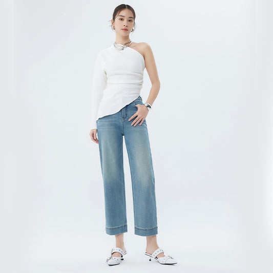 2025 Spring popular new women's clothing high-waisted nine-point jeans micro-elastic comfortable and stylish exquisite large straight nine-point pants