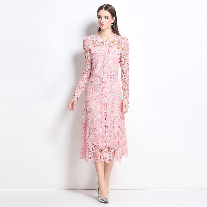 Hot style fashion temperament bead embroidery long-sleeved lace top skirt two-piece suit women's high-end dress