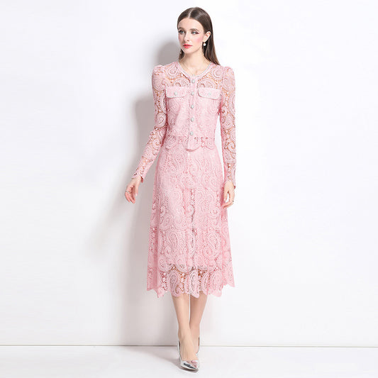 Hot style fashion temperament bead embroidery long-sleeved lace top skirt two-piece suit women's high-end dress