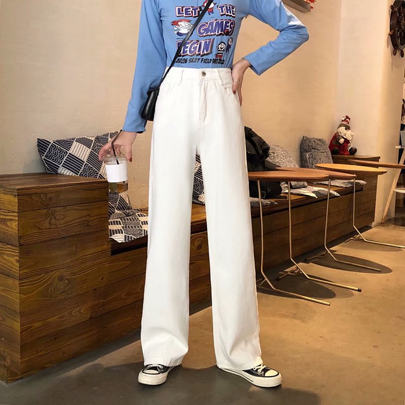 flowersverse Women's Wide-Leg Jeans Loose  Autumn and Winter New Hong Kong Style Retro High Waist Drooping Chic Straight Mopping Pants