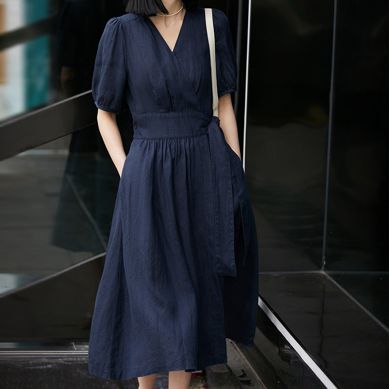 2025 Breathing 100% ramie wrap dress, Japanese casual bubble sleeves V-neck waist skirt women's summer