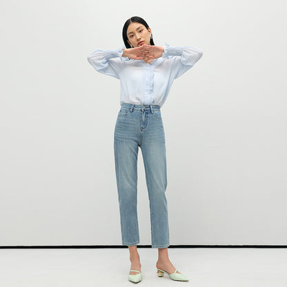 2025 Summer new high-waisted four-sided universal elastic simple thin and high jeans women's nine-point pants straight jeans