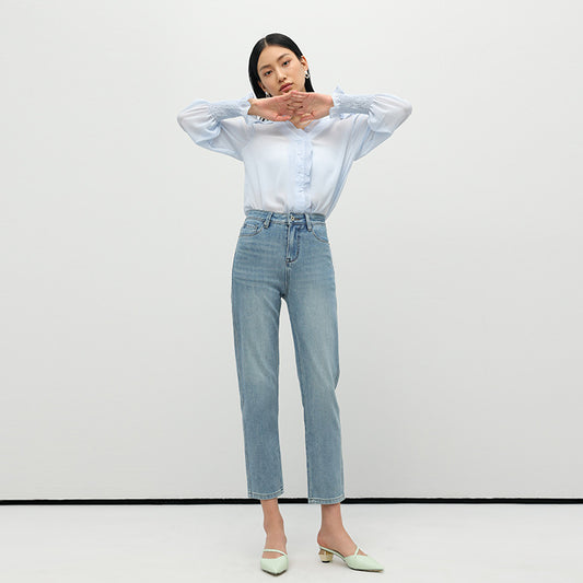 2025 Summer new high-waisted four-sided universal elastic simple thin and high jeans women's nine-point pants straight jeans