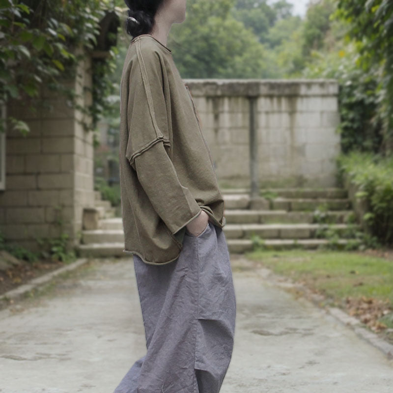 Spring and Autumn Skin-friendly Soft Pullover T-Shirt Washed Cotton Blended Irregular Knitted Splicing Top