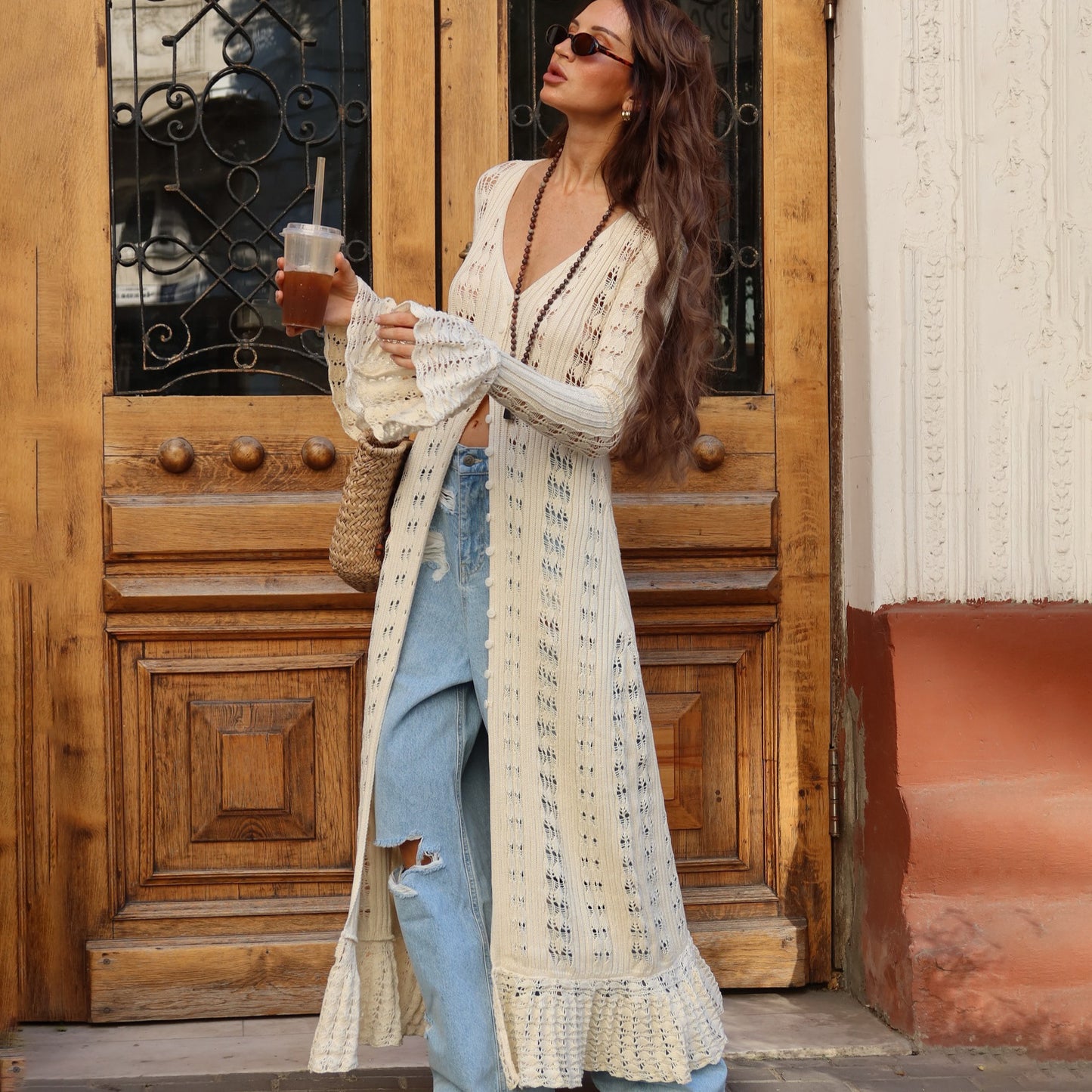 single attitude Spice Girl personality style super long design knitted cardigan women's clothing hollow crochet solid color high sense