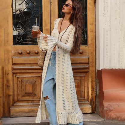 single attitude Spice Girl personality style super long design knitted cardigan women's clothing hollow crochet solid color high sense