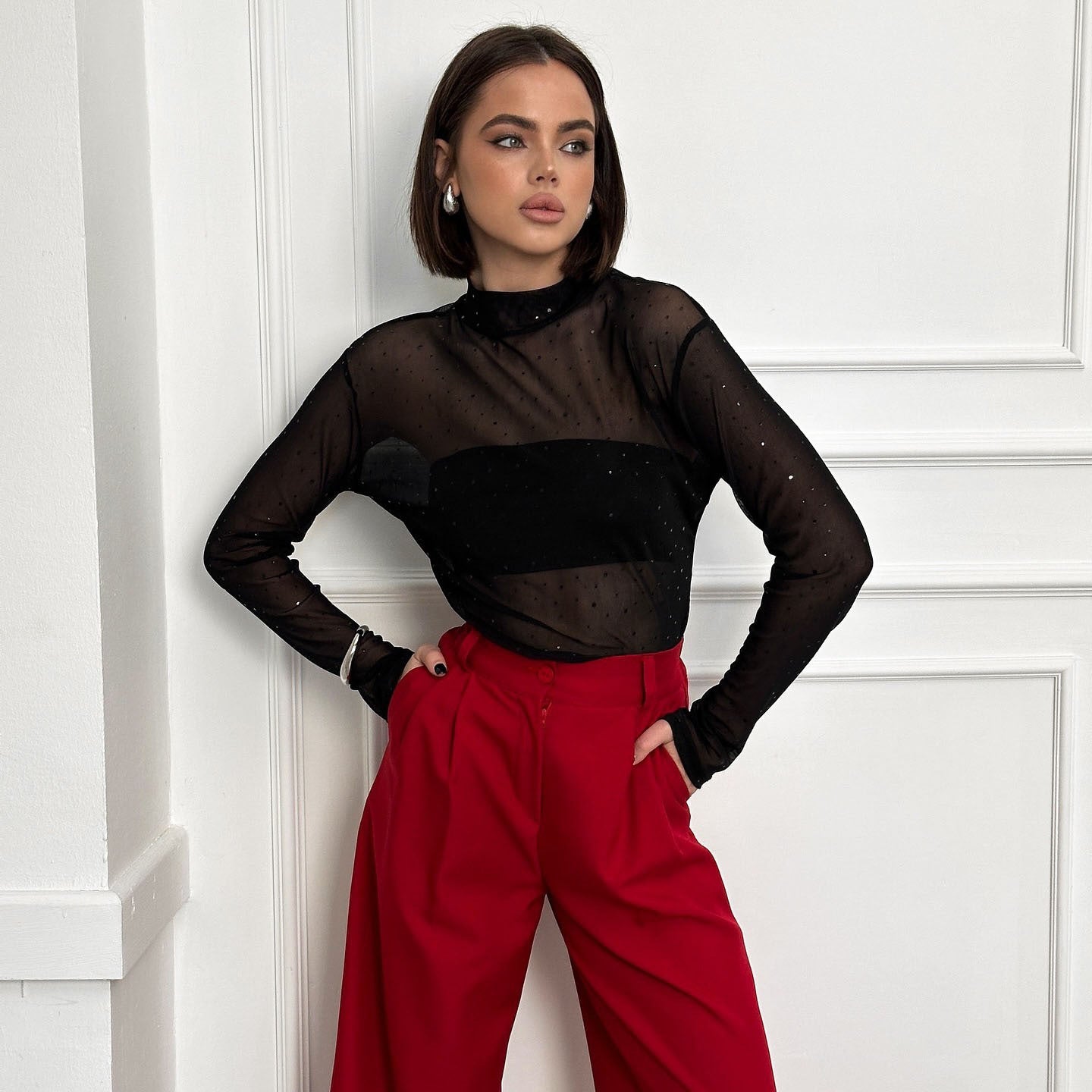 spring and summer new high-end hot diamond mesh see-through long-sleeved T-shirt wearing Spice Girl fashion design top