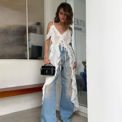 suspender super long irregular shirt high-end design sense niche splicing lace-up top lazy wind New