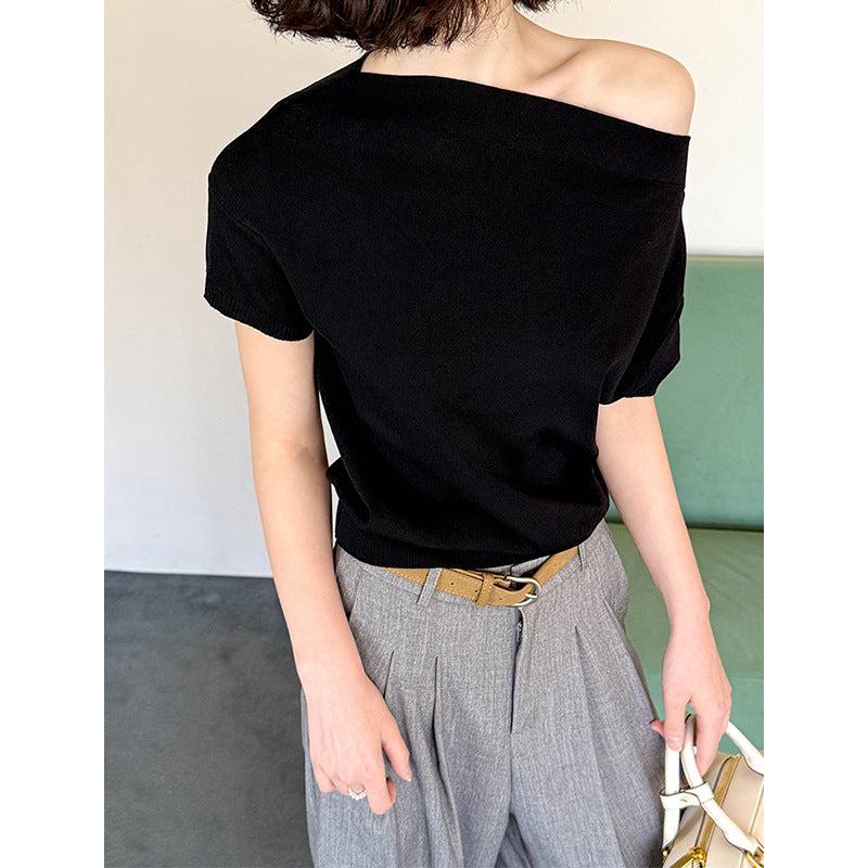 2025  Spring New Korean Loose Lazy Slack One-word Shoulder Slash Shoulder Top Knitted Sweater Women 166