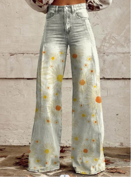 flowersverse HOTan and NEWn Foreign Trade plus Size Casual Pants Thin Imitation Jeans Wide Leg Pants 3D  Hot Selling Women's Pants