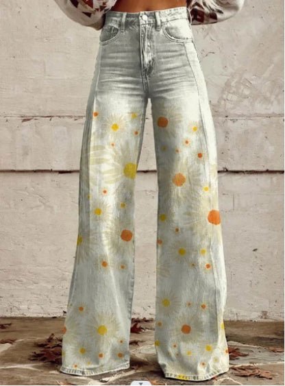flowersverse HOTan and NEWn Foreign Trade plus Size Casual Pants Thin Imitation Jeans Wide Leg Pants 3D  Hot Selling Women's Pants