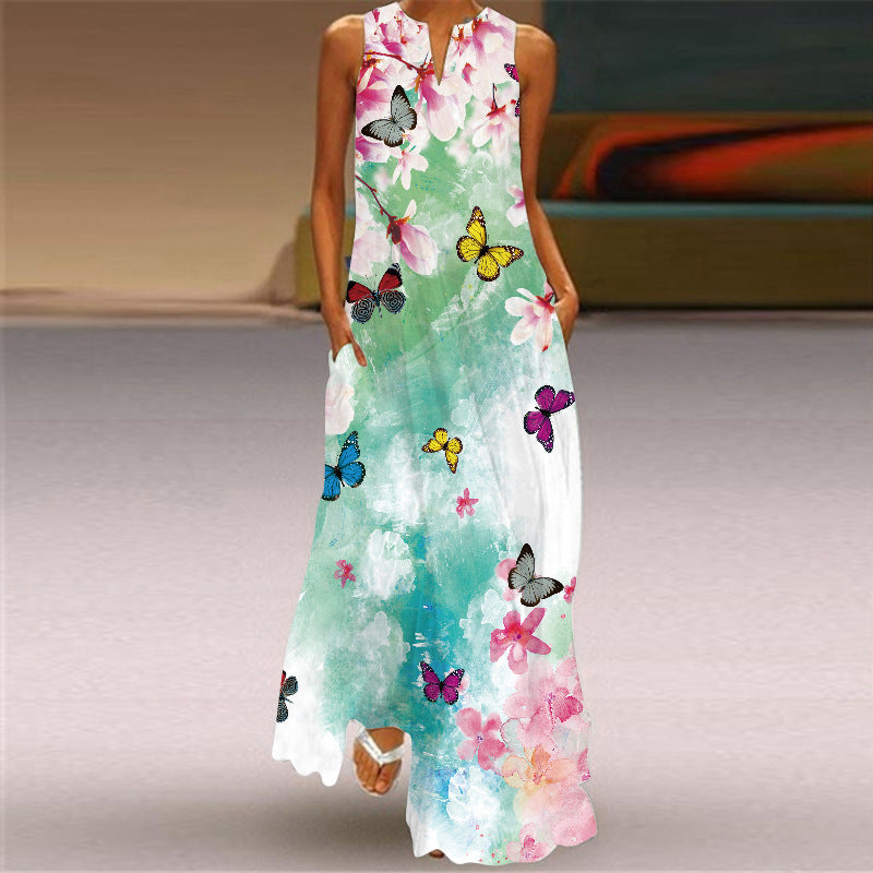 2024  European and American New Women's Vintage Printed Long Dress V-neck Sleeveless Pocket Summer Sexy Dress