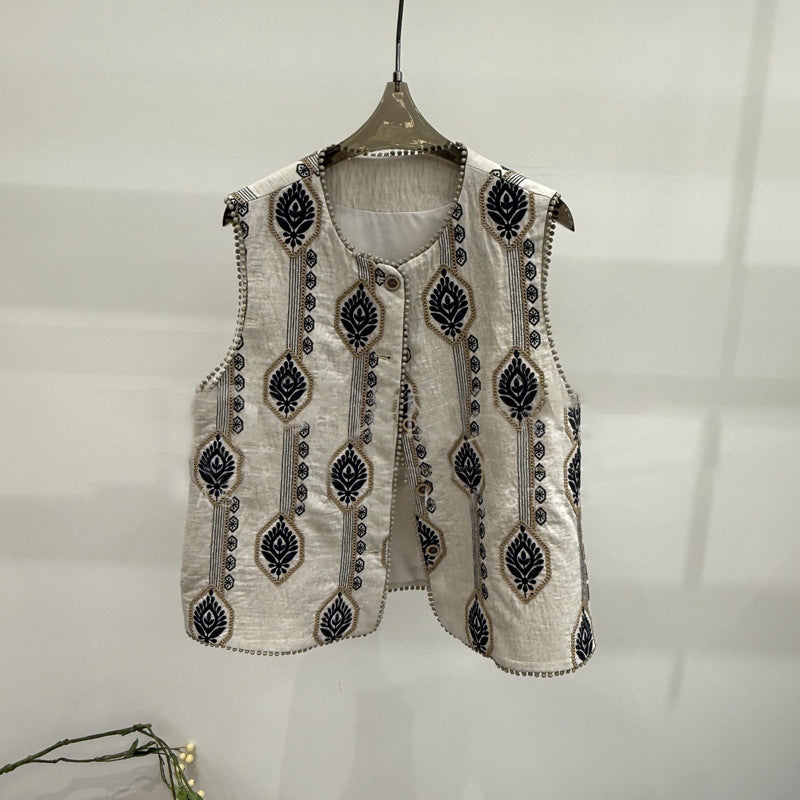 2025 spring style design sense fashion embroidery jacquard retro thin vest temperament outer woman