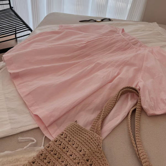 This pink is so beautiful, heavy industry age-reducing short-sleeved top  summer new solid color fat MM thin versatile shirt