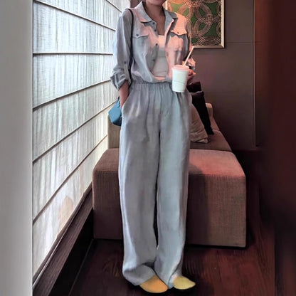 2025 Korean high-end relaxation wear, blue shirt, trousers, linen suit, women's clothing  spring match, a complete set