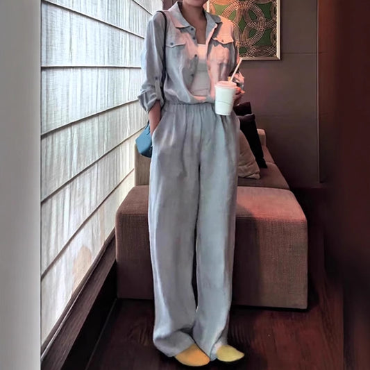 2025 Korean high-end relaxation wear, blue shirt, trousers, linen suit, women's clothing  spring match, a complete set