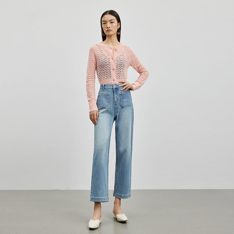 2025 Spring and summer high-quality Xinjiang plush micro-elastic double bag personalized design nine-point straight pants women's elastic denim