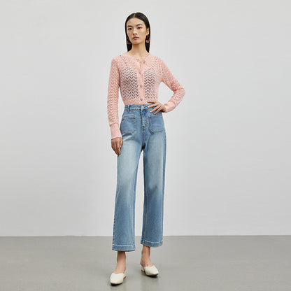 2025 Spring and summer high-quality Xinjiang plush micro-elastic double bag personalized design nine-point straight pants women's elastic denim