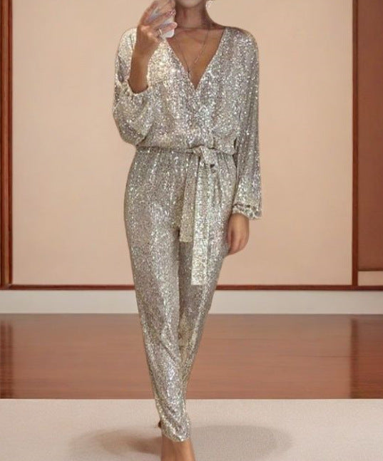 FLOWERSVERSE 2025 women's New express buy 2025 new solid color fashion V-neck long-sleeved shiny bead waist jumpsuit