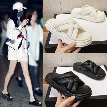 2025 Fairy wind cool slippers female outer wear flat bottom non-slip  summer new bow seaside beach one-word slippers