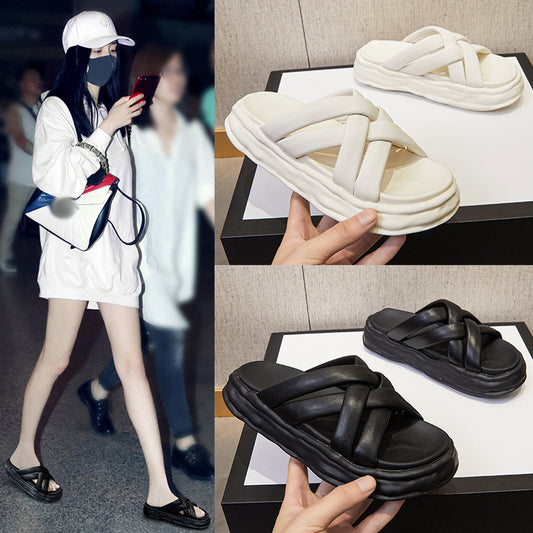 2025 Fairy wind cool slippers female outer wear flat bottom non-slip  summer new bow seaside beach one-word slippers