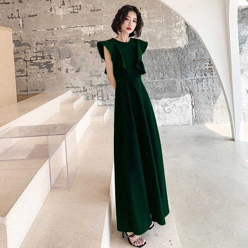 2025 banquet evening dress can be worn in spring, banquet temperament black satin performance chorus dress