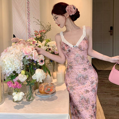 2025 Coffee break romantic v-neck floral suspender dress women's spring and summer new sexy pure desire seaside vacation hip wrap dress
