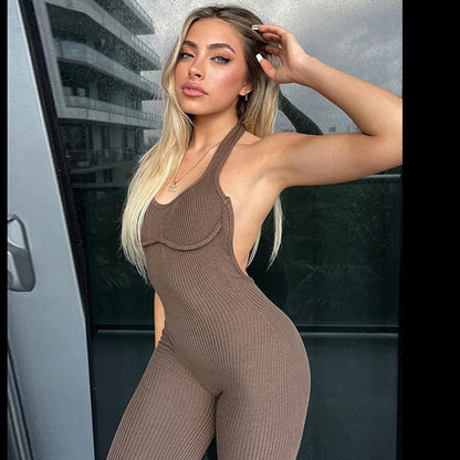 2025 sexy neck-hanging low-cut tight sports trousers for women's  spring and summer new solid-color dew-back jumpsuit