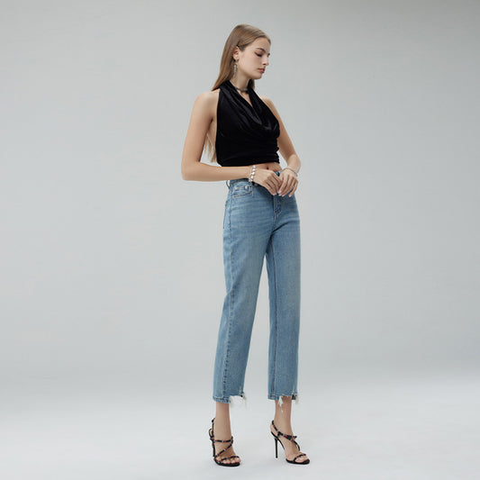 2025 Spring new long-staple cotton elastic jeans high waist, thin and high nine-point pants anti-wrinkle and non-fading women's denim