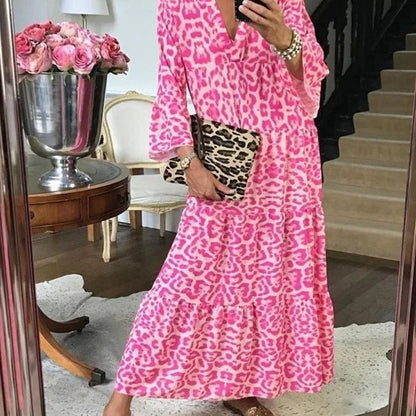 FLOWERSVERSE 2025New Spring Women's Long Sleeve Dress Leopard Print Girdle Casual Loose V-Neck Autumn Elegant Dress Group
