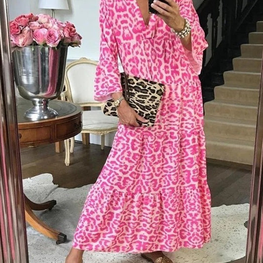 FLOWERSVERSE 2025New Spring Women's Long Sleeve Dress Leopard Print Girdle Casual Loose V-Neck Autumn Elegant Dress Group